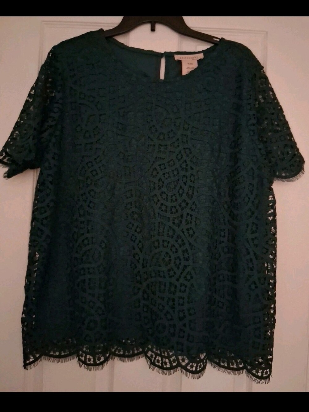 *Philosophy* Womens Blouse Size Xl, Dark Teal, Thick Lace Overlay, Short Sleeves